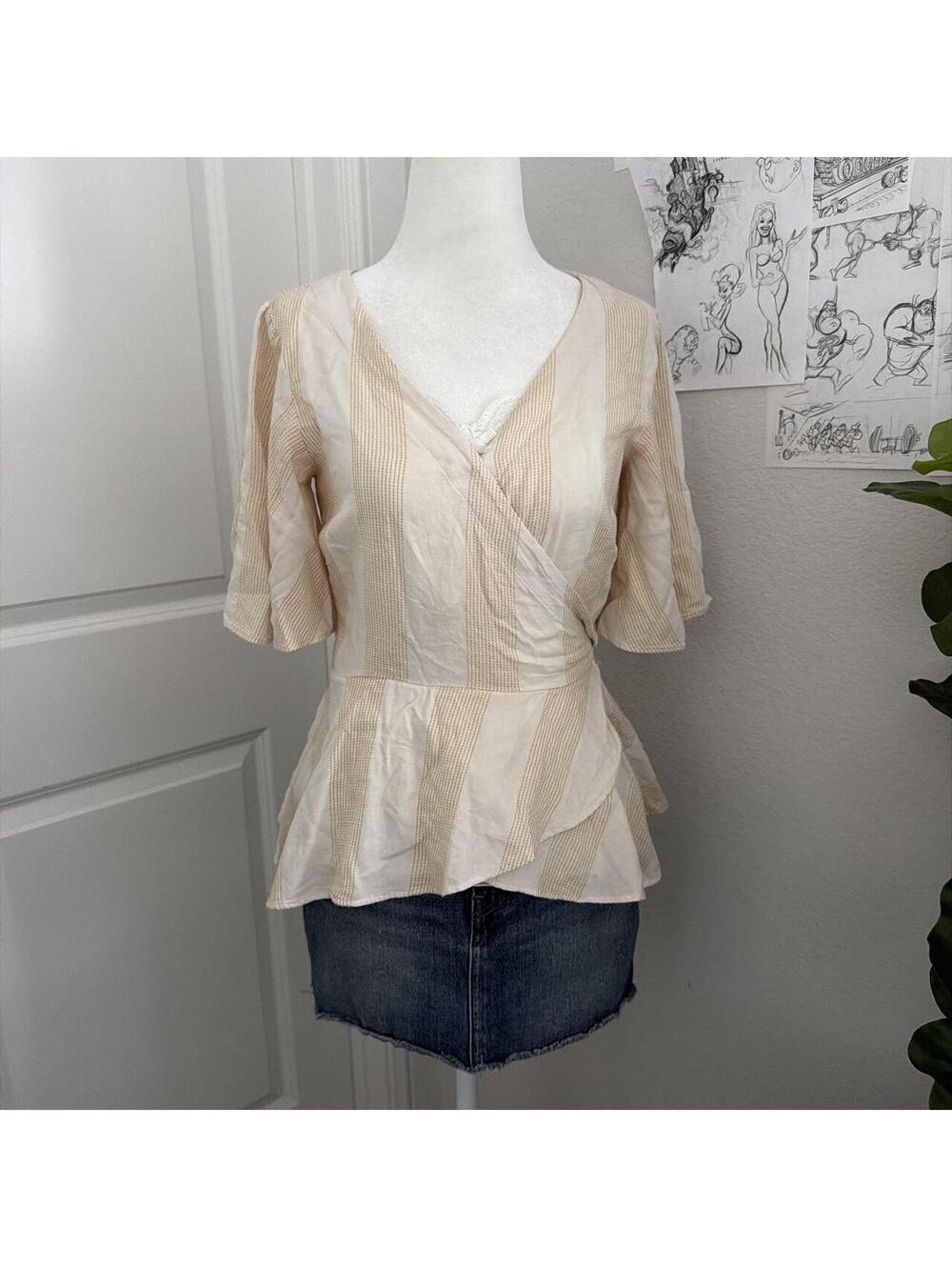 LOFT cream & tan striped babydoll 100% cotton  tie back blouse